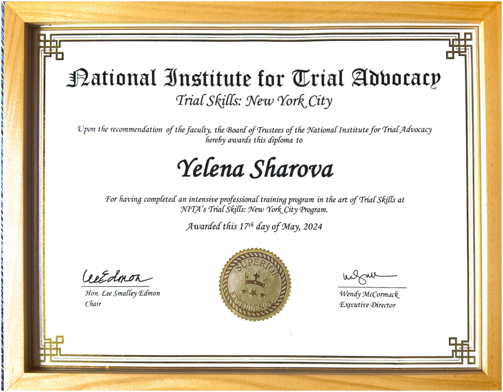 NITA Trial Skills: New York City diploma awarded to Yelena Sharova on May 17, 2024